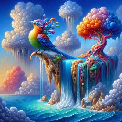 The primary subject of the image is a colorful bird perched on a tree branch. The setting is a vibrant, surreal landscape with a mix of clouds, water, and trees. The visual style is a digital art or illustration, featuring a combination of bright colors and intricate details. The overall atmosphere is lively and imaginative, with a sense of whimsy and creativity.
